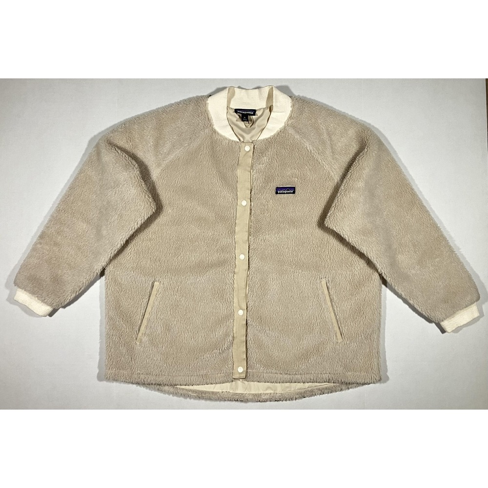 Patagonia Recycled Sherpa Bomber Jacket Womans XL Beige Fleece Wool Blend Snap